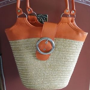 Straw and Orange Leather Look Accent Bag